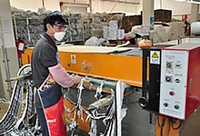 The cotton with fabric is cutted in shape with the cutting machine. The cotton with fabric is cutted in shape with the cutting machine.